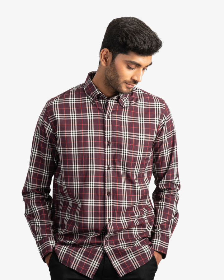 Classic Twill Maroon and White Plaid Shirt