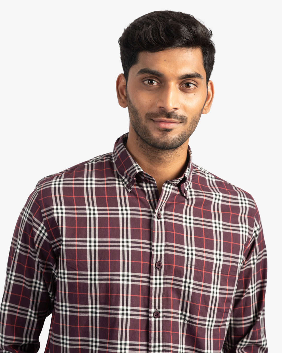 Classic Twill Maroon and White Plaid Shirt