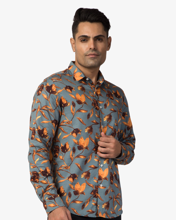 Super Pumped - Teal Autumn Leaf Print Shirt