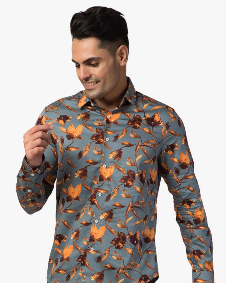 Super Pumped - Teal Autumn Leaf Print Shirt