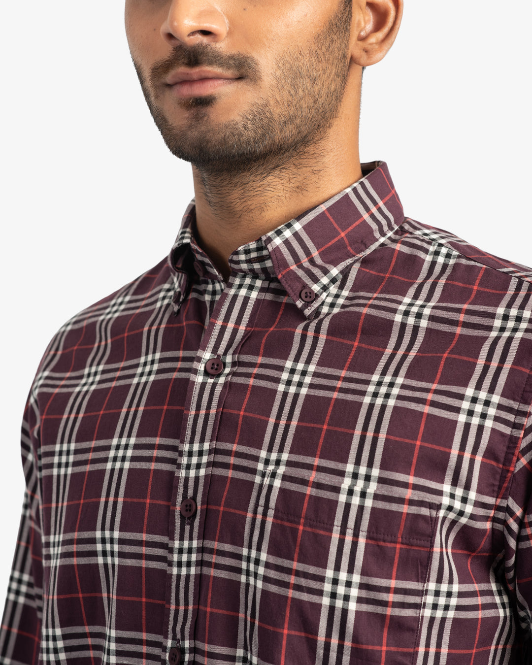 Classic Twill Maroon and White Plaid Shirt