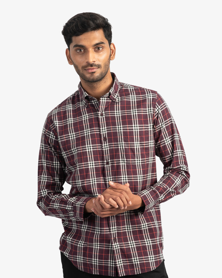 Classic Twill Maroon and White Plaid Shirt